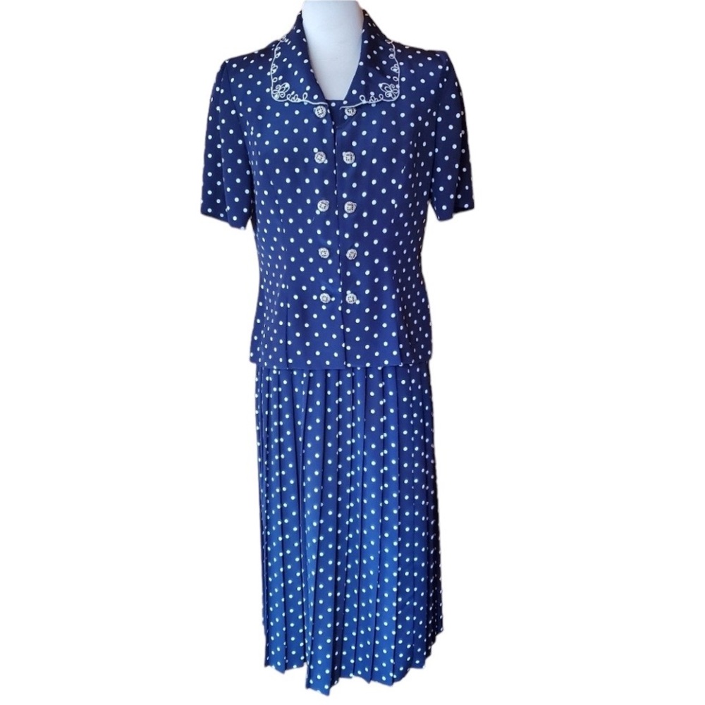 1980s Leslie Fay Navy & White Polka‎ Dot Skirt Set